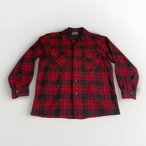 Vintage 60s Pendleton Men's Medium Shirt Red Plaid Wool Board Button Loop USA